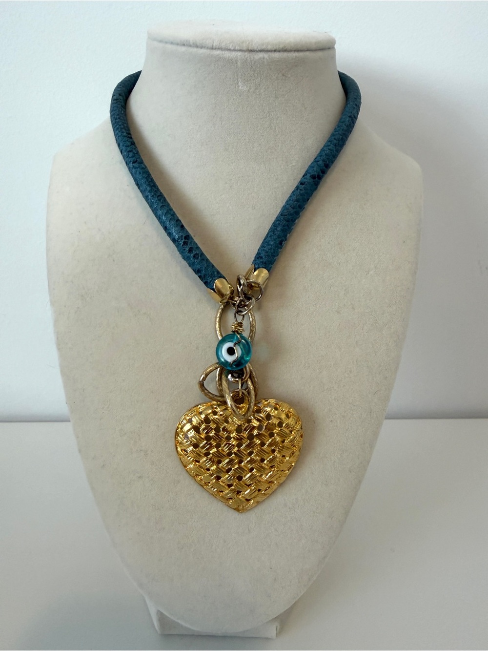 Gold Heart Pendant Necklace with Teal Cord